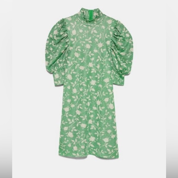 NWT Zara Green Floral Jacquard Dress Sz L - Picture 4 of 16